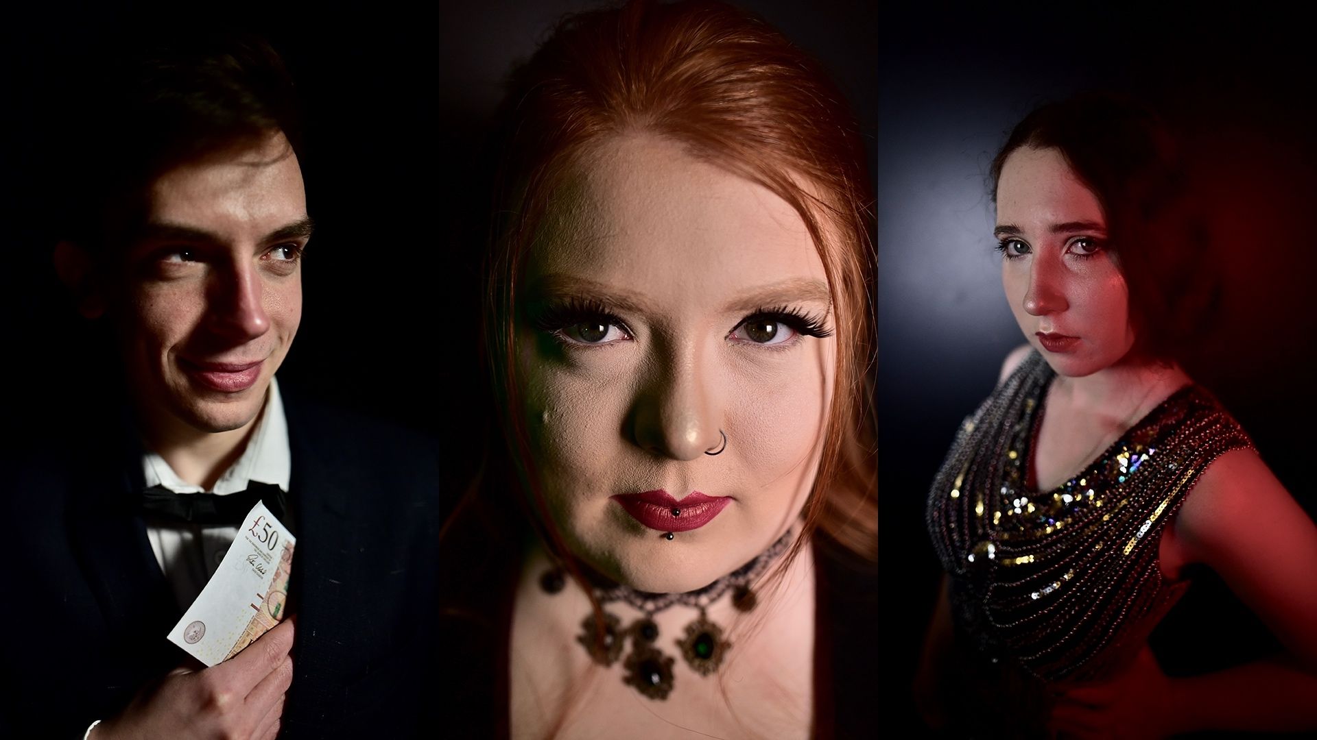 head and shoulders collage of three actors with a dark background