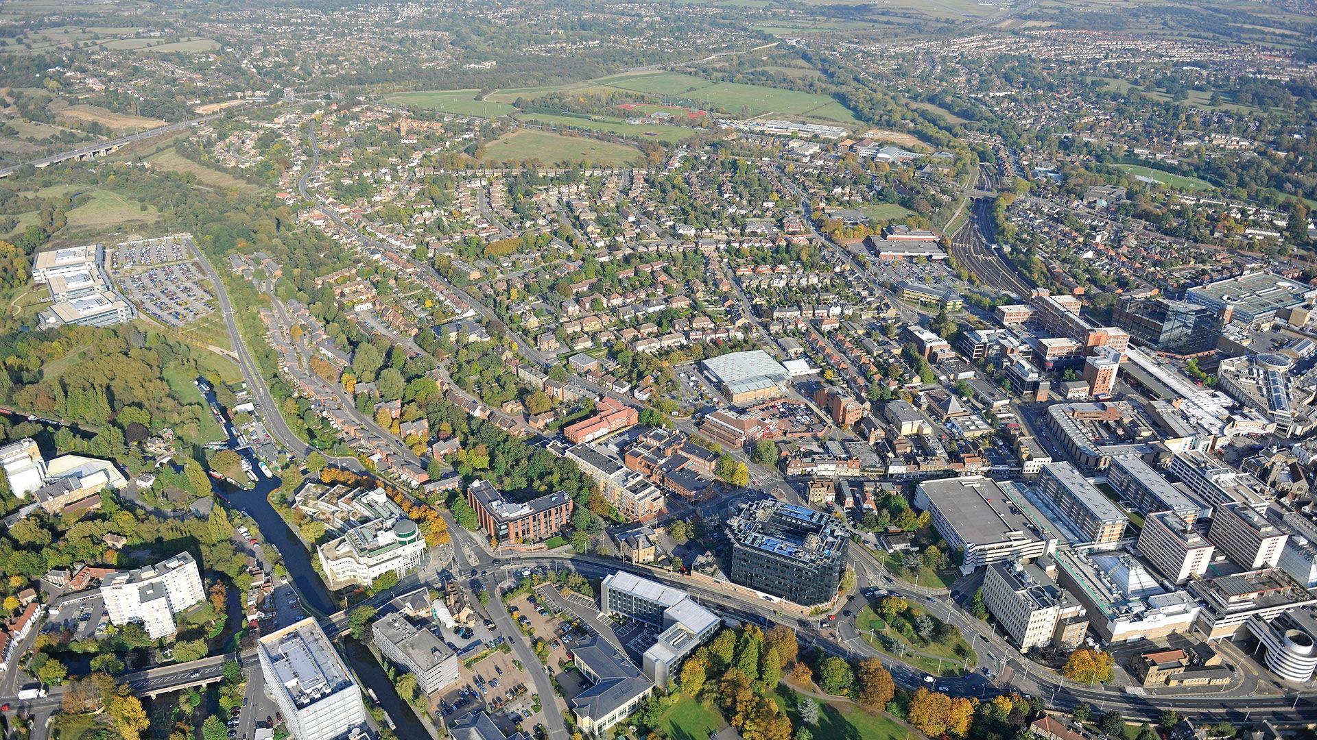 Aerial view of Uxbridge campus, buildings and fields