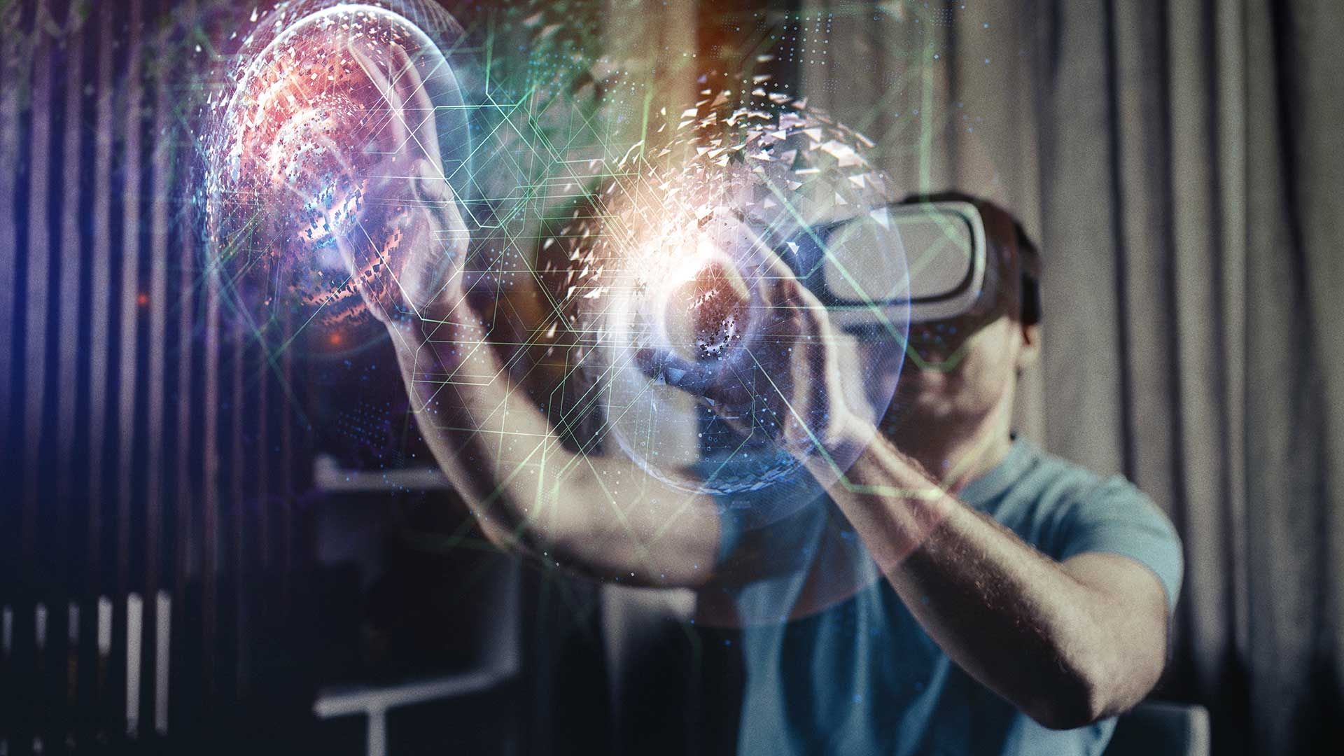 Man using VR headset inside.  