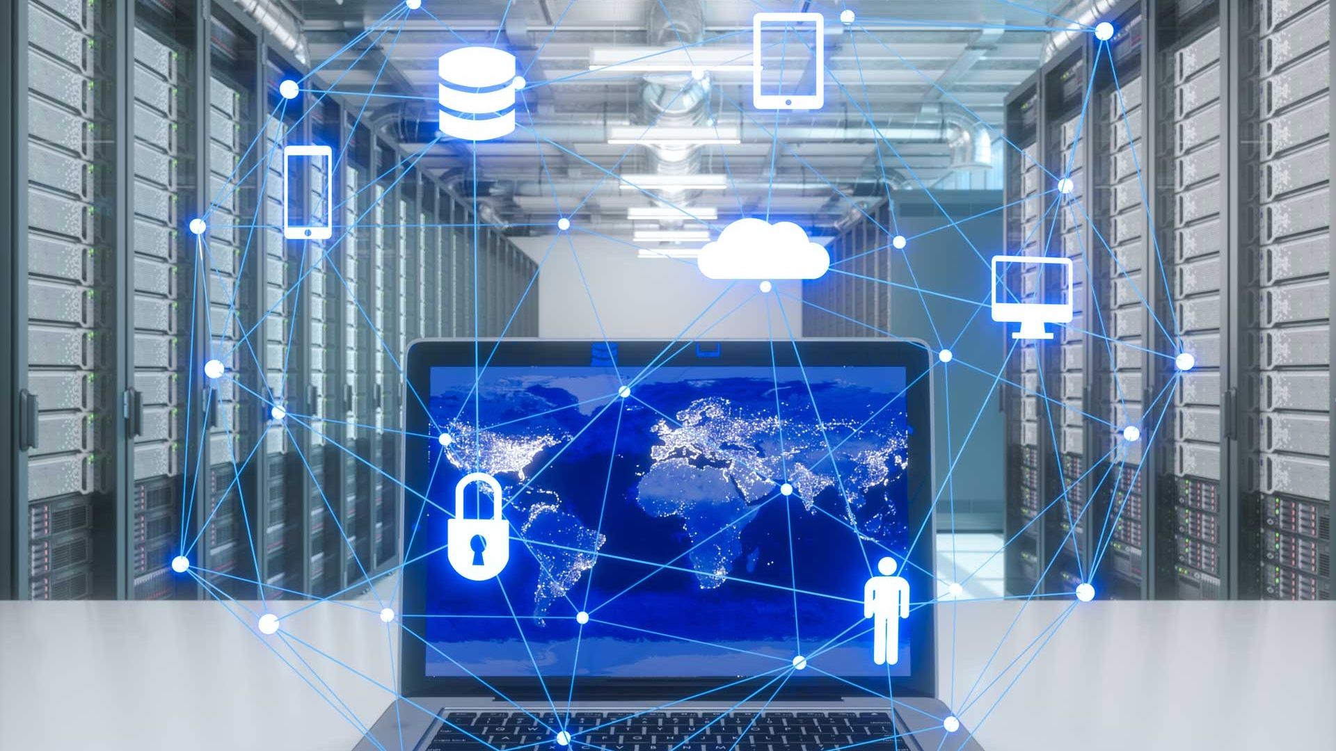 Laptop with world map showing security 