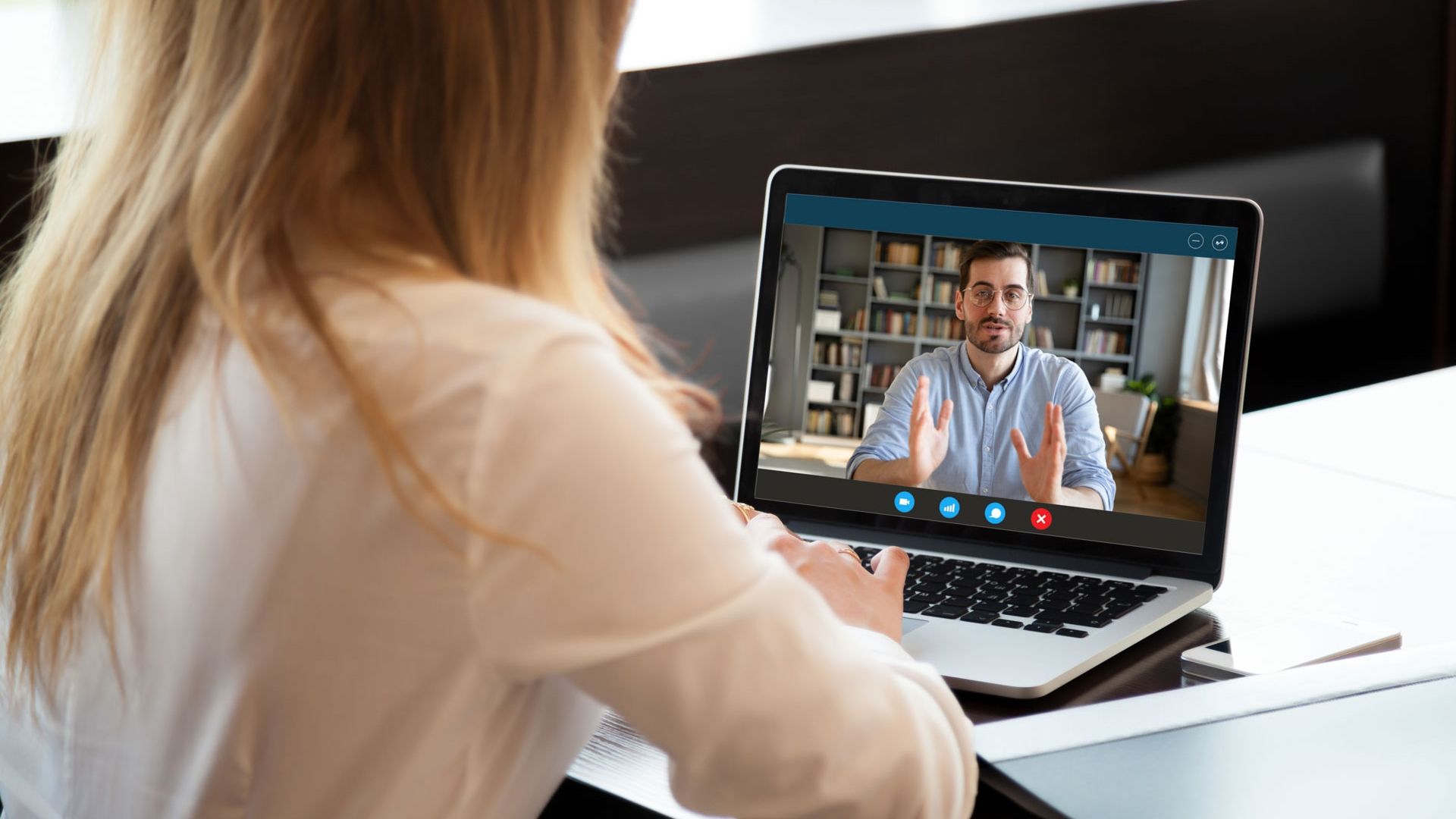 Female student on video call will lecture on laptop