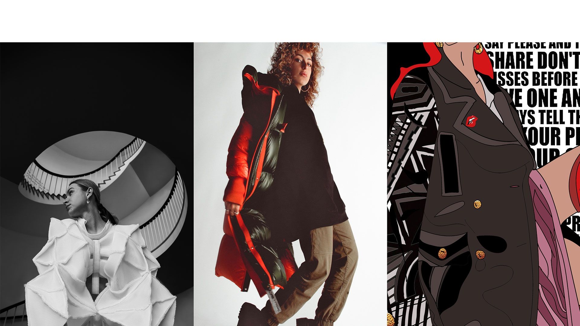 Three images of fashion promotion and communication students work in portrait mode