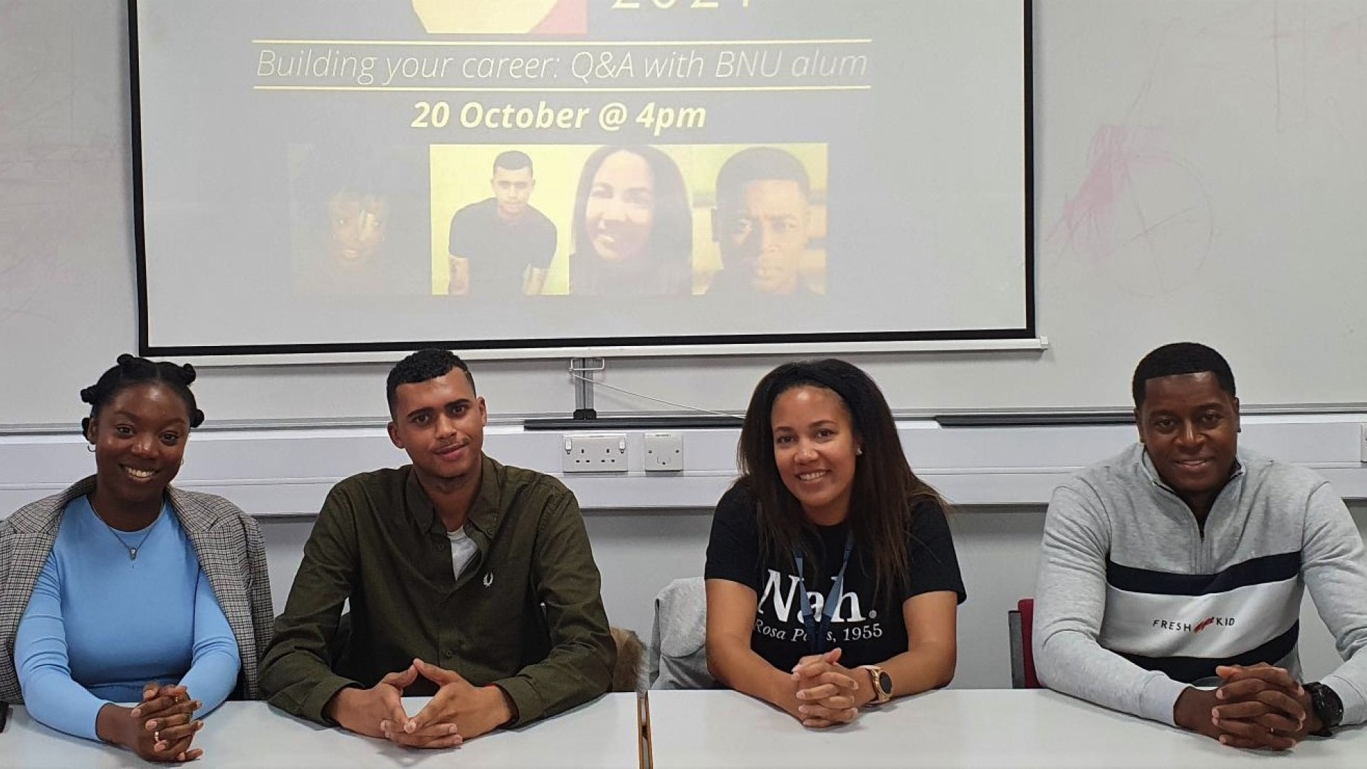 Black History Month alumni panel left to right: Modupe Salu, Ricardo P Lloyd, Karla Inniss, Gavin James