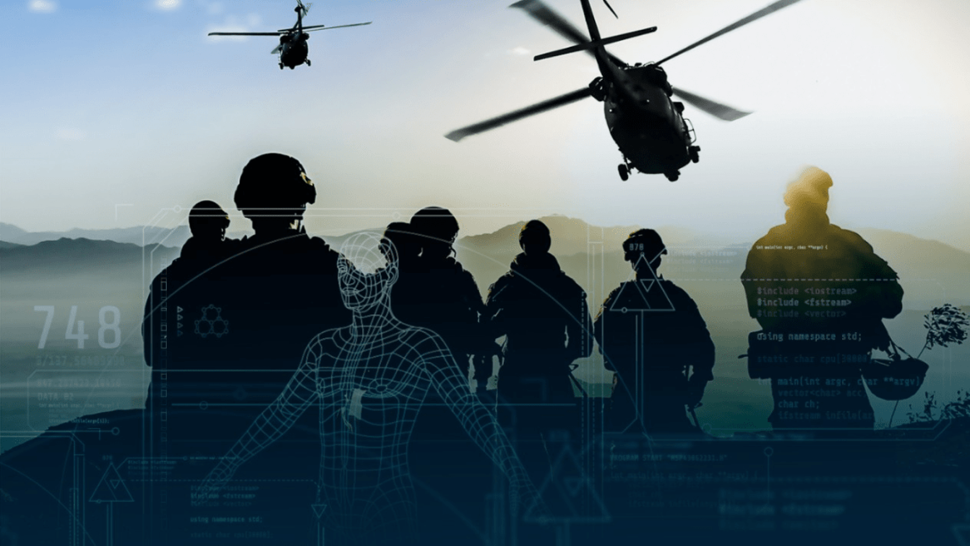 Military personnel and a helicopter.