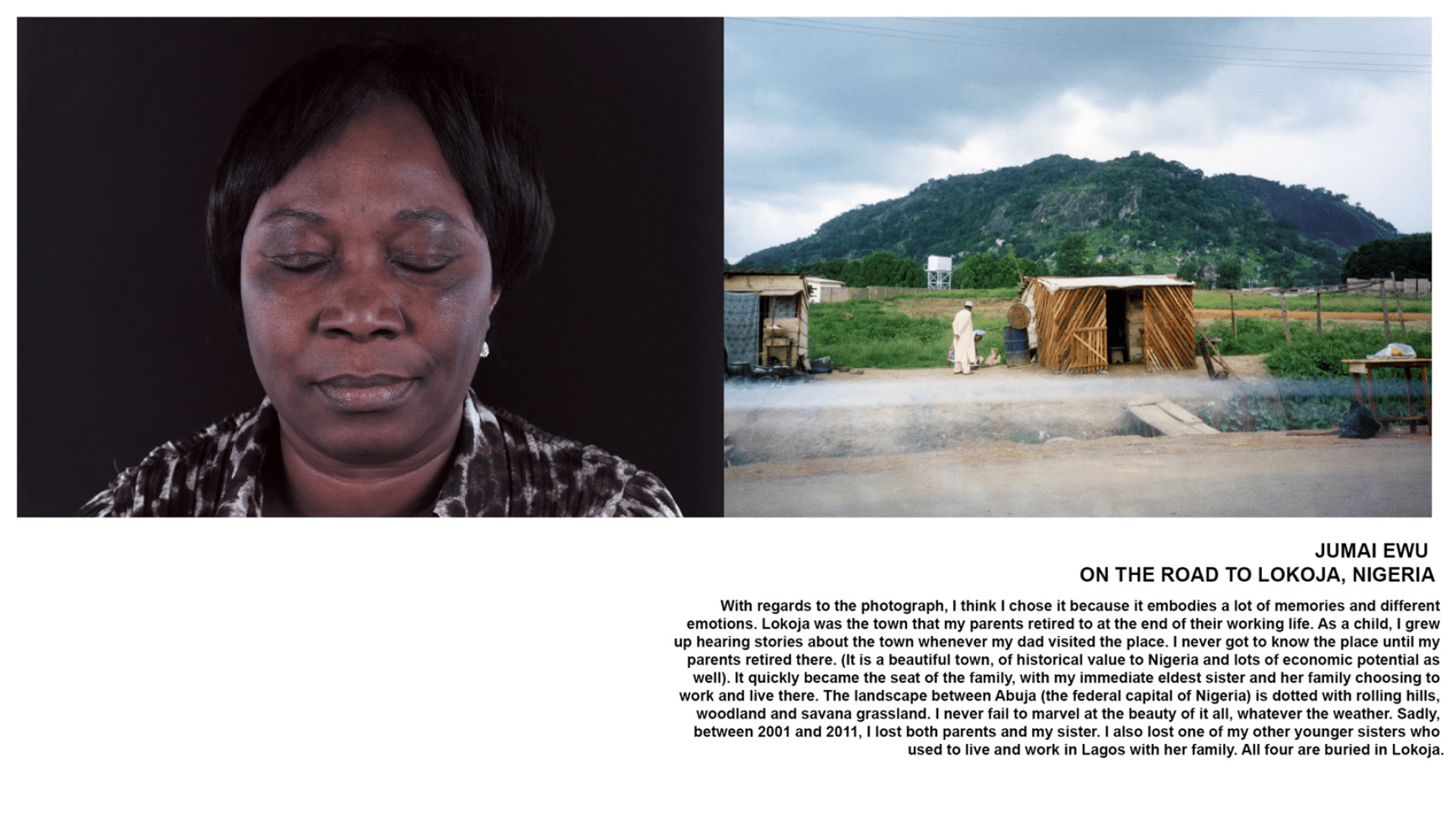 Woman with eyes closed next to wooden shack in wilderness