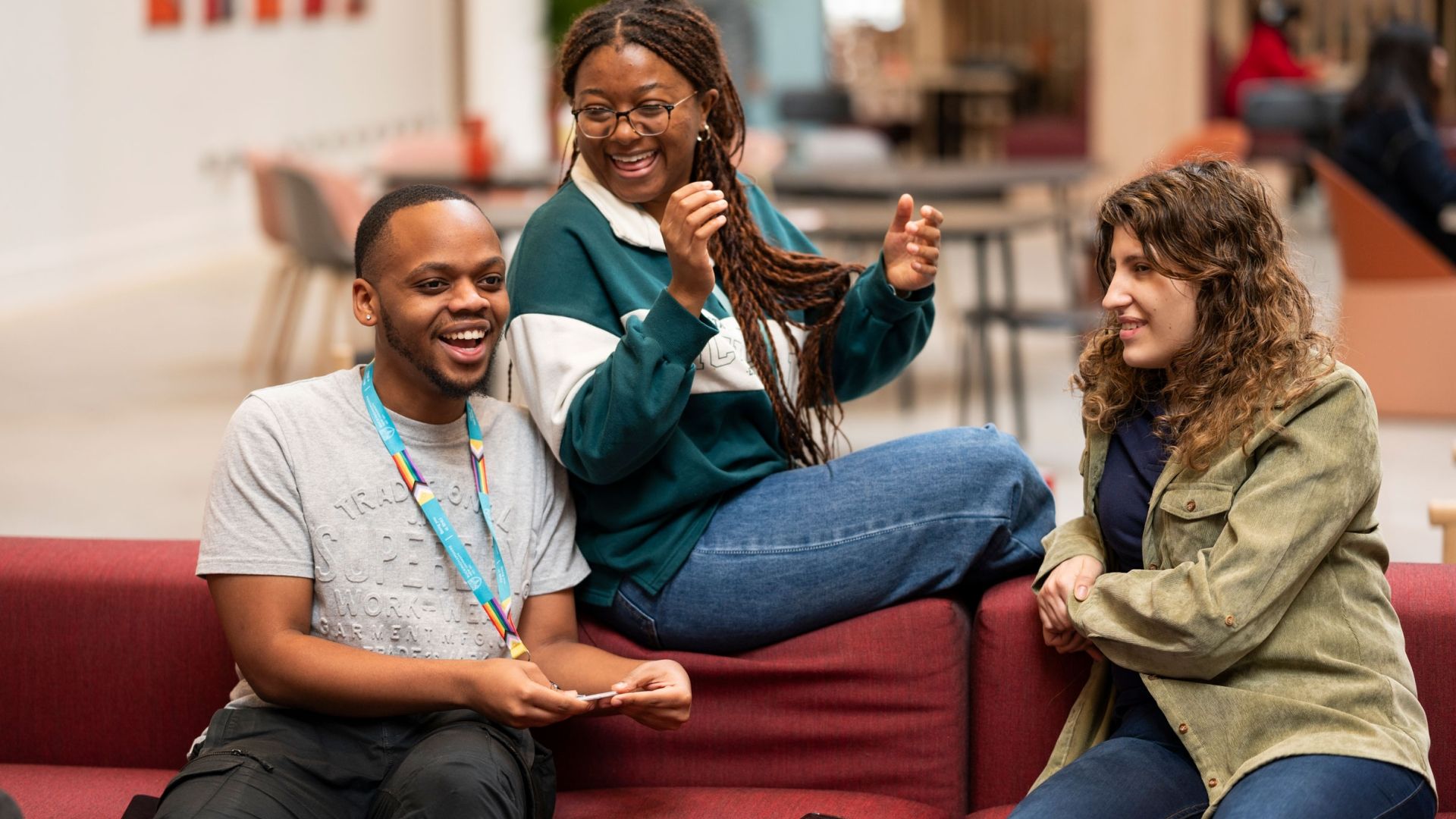 Group of students chatting in the Atrium