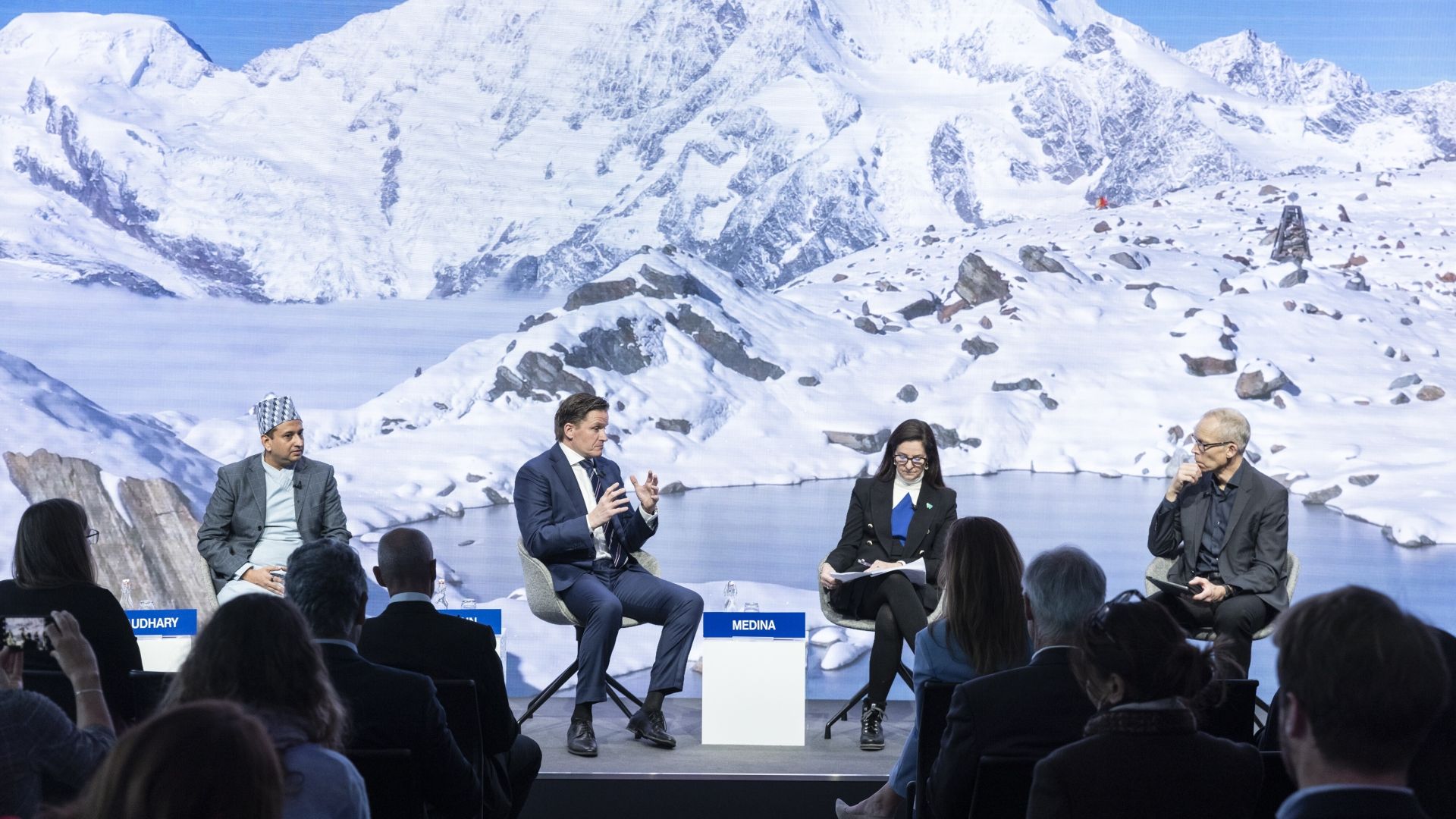 Davos panel meeting with Alps backdrop