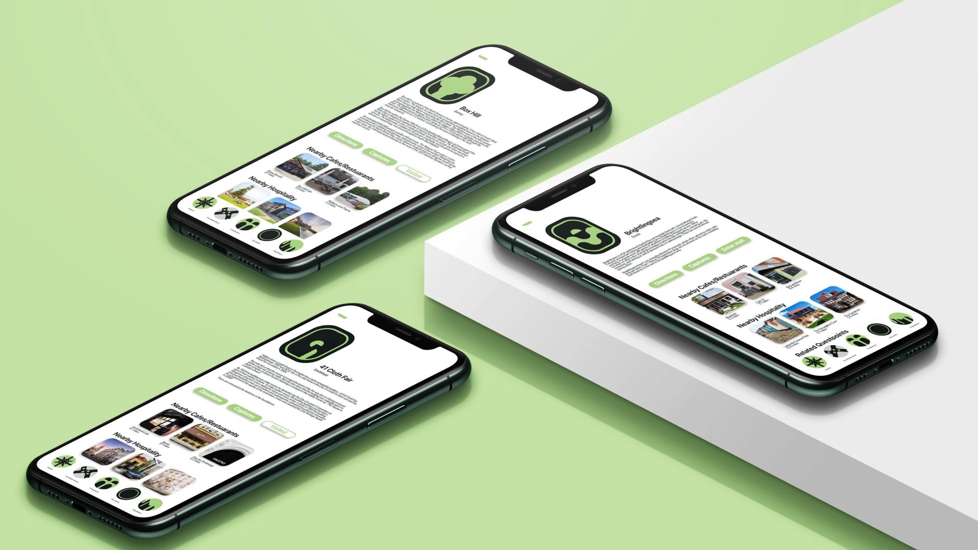 Two phones on a green background and one phone on a white background, all show a screen with an app to download on it.