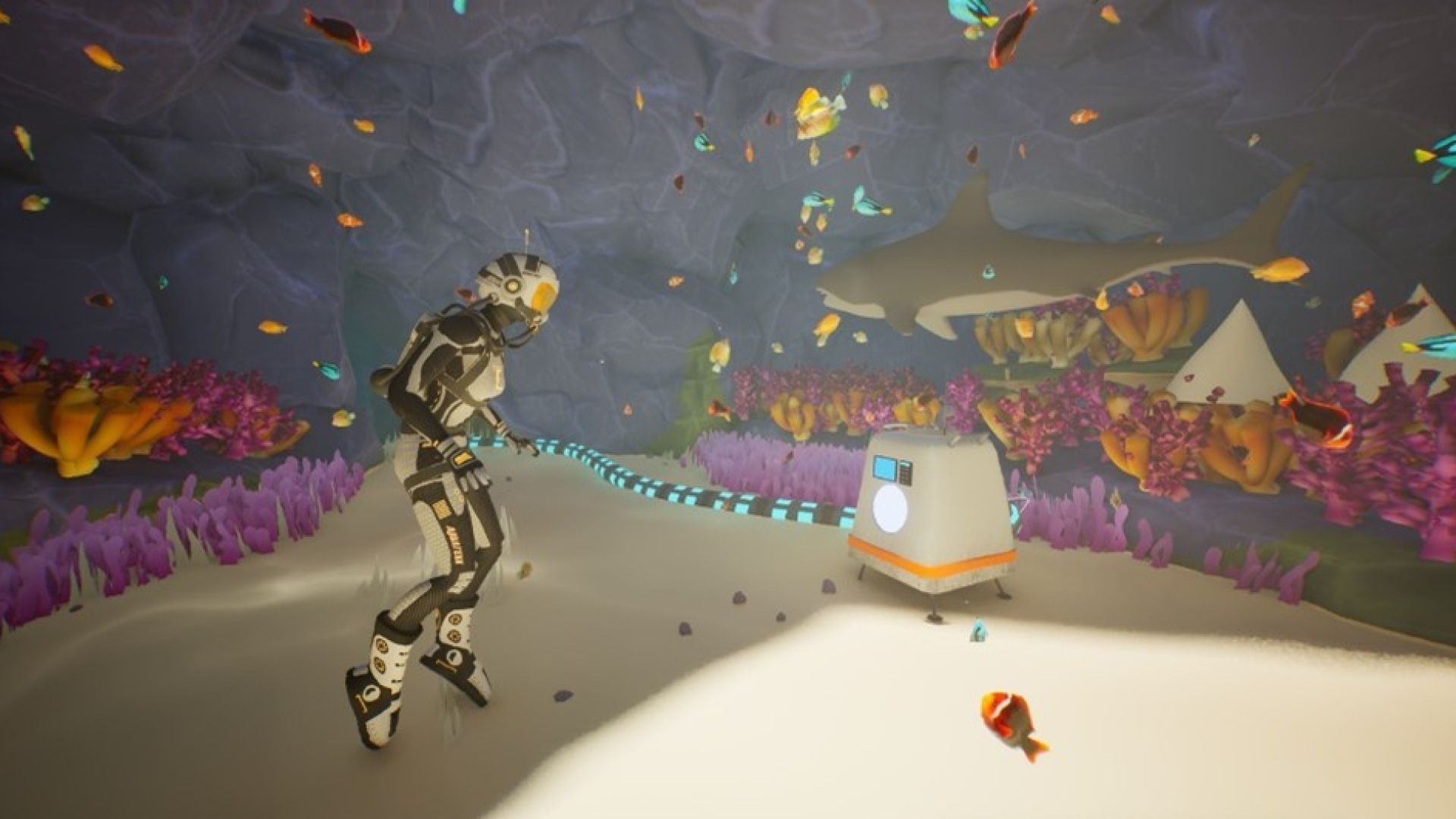 Screenshot from game 'Marine Mechanics' shows character collecting equipment from ocean floor 