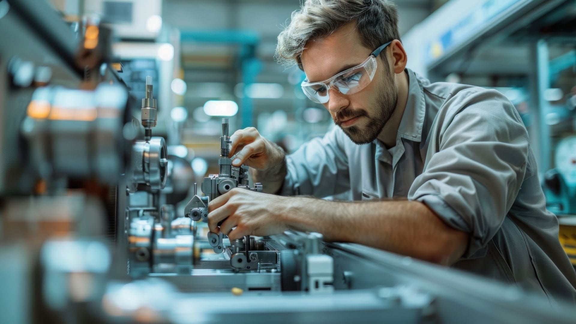 A male wearing safety goggles sits at a machine whilst fixing the mechanisms.