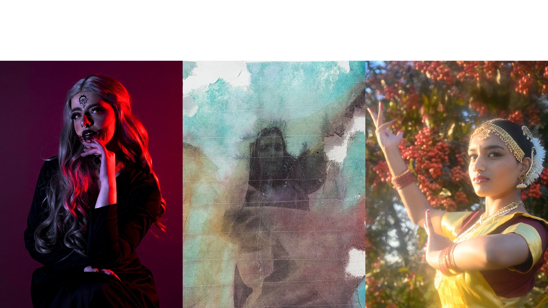 A composite image of 3 students' photography work including models posing in front of backgrounds