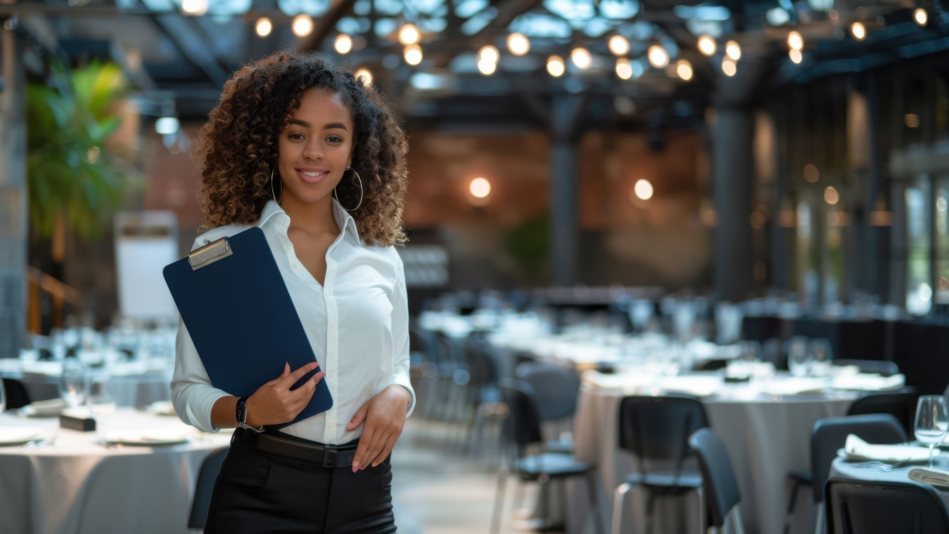 A lady holding a clipboard in a restaurant.