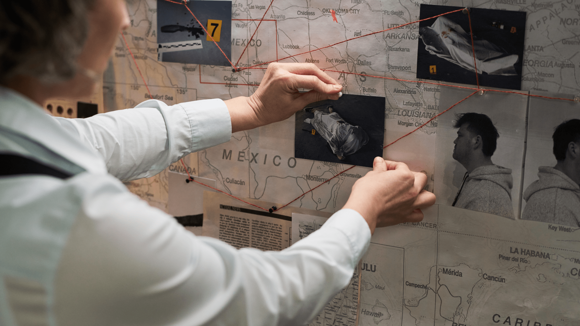 Arms of a investigator place a photo on a board.