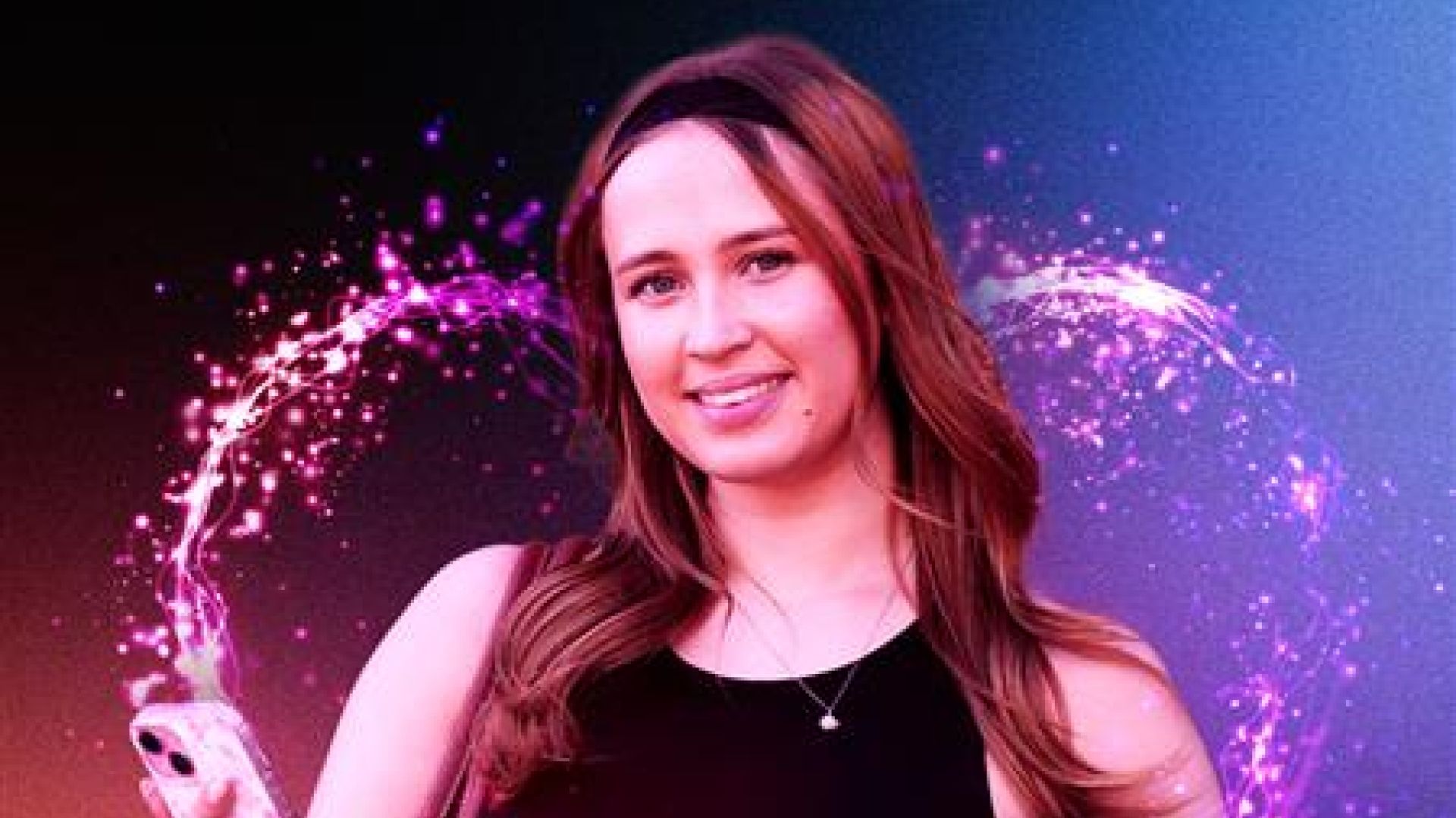 A university student holding a phone and notebook, framed by a glowing pink heart. The text reads: 'Perfectly matched'.