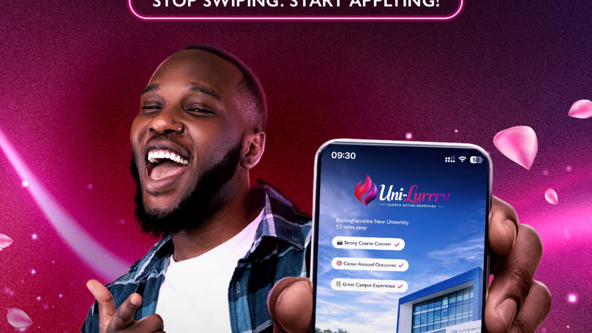 BNU promotional banner with a dating app theme. A man holds a phone showing a university profile with the text: 'The Uni you’d SWIPE RIGHT FOR! STOP SWIPING. START APPLYING!
