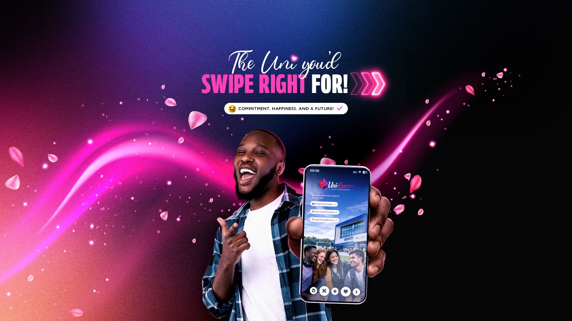 A man holding a phone in his left hand and pointing with his right, with text above that reads 'the uni you'd swip right for!'.