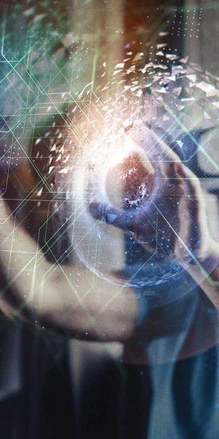 Man using VR headset inside.  