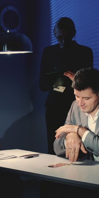 Male officer interrogating man in suite and handcuffs