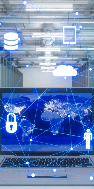 Laptop with world map showing security 