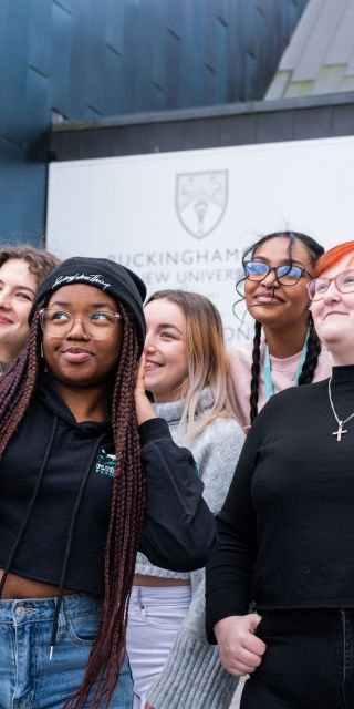 Group of student ambassadors outside Gateway building