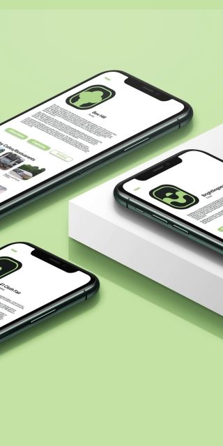 Two phones on a green background and one phone on a white background, all show a screen with an app to download on it.