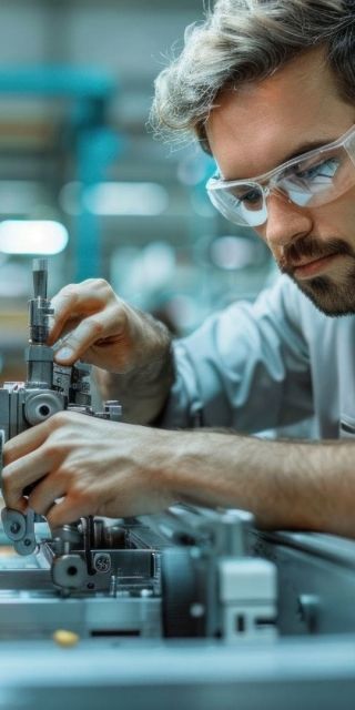 A male wearing safety goggles sits at a machine whilst fixing the mechanisms.