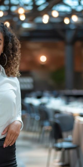 A lady holding a clipboard in a restaurant.