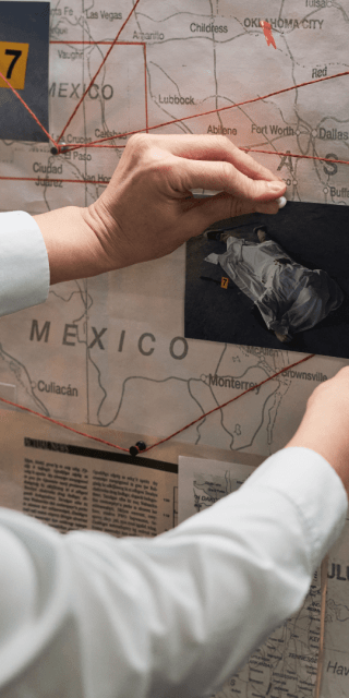 Arms of a investigator place a photo on a board.