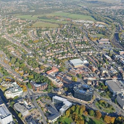 Aerial view of Uxbridge campus, buildings and fields