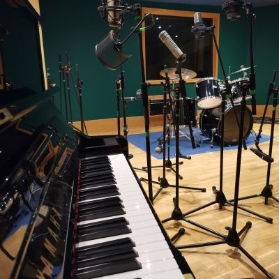 Piano and equipment close up in Audio studios