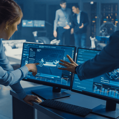 Two students pointing and looking at a computer screen which has digital drawings on.