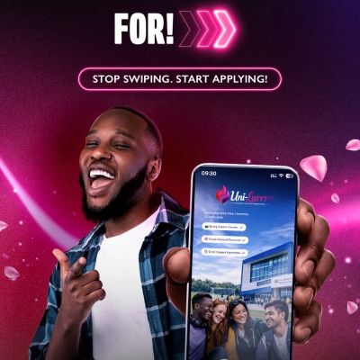 BNU promotional banner with a dating app theme. A man holds a phone showing a university profile with the text: 'The Uni you’d SWIPE RIGHT FOR! STOP SWIPING. START APPLYING!