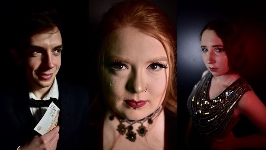 head and shoulders collage of three actors with a dark background