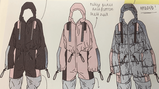 A BNU Fashion and Textiles students' portfolio work including 3 drawings of people wearing padded coats