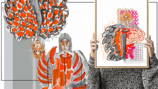 A BNU Fashion Design students portfolio, drawing of a man in orange and grey clothes