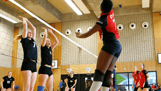 A BNU student jumping mid-air aiming to hit a volleyball over the net, where two opponents, wearing black, are waiting to block the shot