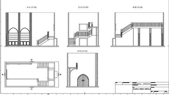 A students' sketchbook with five different drawings on including staircases, front doors and ground floor layouts
