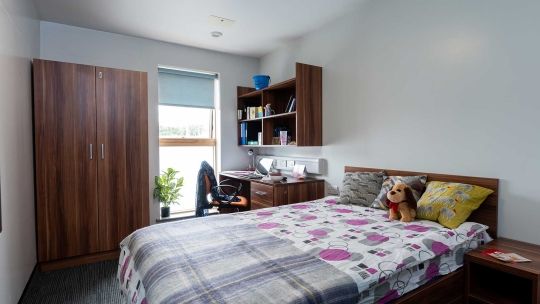 A bed, desk, wardrobe and window in a Windsor House bedroom