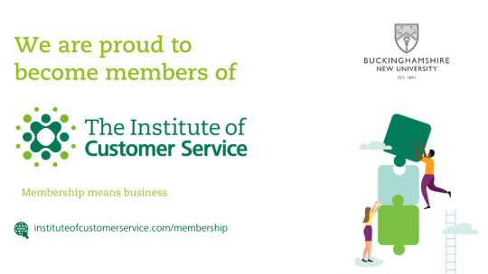 ICS graphic asset reads: "We are proud to become members of The Institute of Customer Service" including logos and illustration of people building blocks into a tower