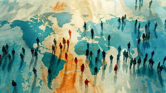 artistic image of people standing on a map of the world