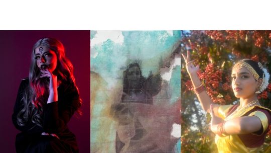 A composite image of 3 students' photography work including models posing in front of backgrounds