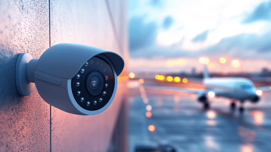 Security camera with a plane on the runway