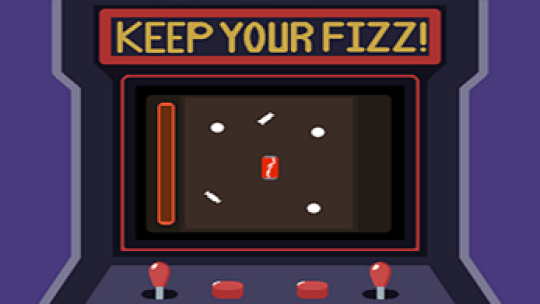 Image of students’ game Keep Your Fizz showing an arcade-style game screen with a cola can character and the title ‘Keep Your Fizz’