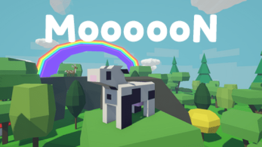 Image of students’ game MoooooN showing a cow in a field with trees under a rainbow, with the title ‘MoooooN’ in white