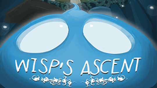 Image of students’ game Wisp’s Ascent showing a glowing blue wisp character with the title ‘Wisp’s Ascent’