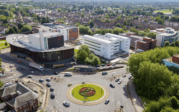 Aerial view of Aylesbury campus and town