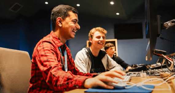 Students in recording studio for 'Rec Night'