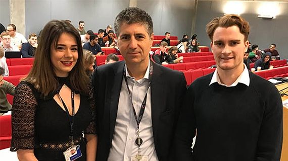 Sarah Clarke (left) stood next to her course leader (middle) and a fellow student (right)
