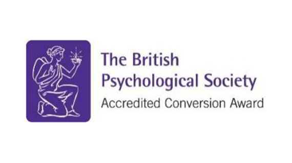 A drawing of a person kneeling with the words; 'The British Psychological Society, Accredited Conversion Award' next to it.