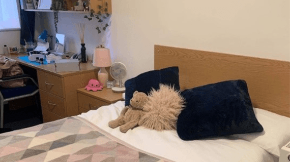 A student bedroom in BNU's Brook Street halls of residence, showing a desk and a bed with two pillows and a bear on it